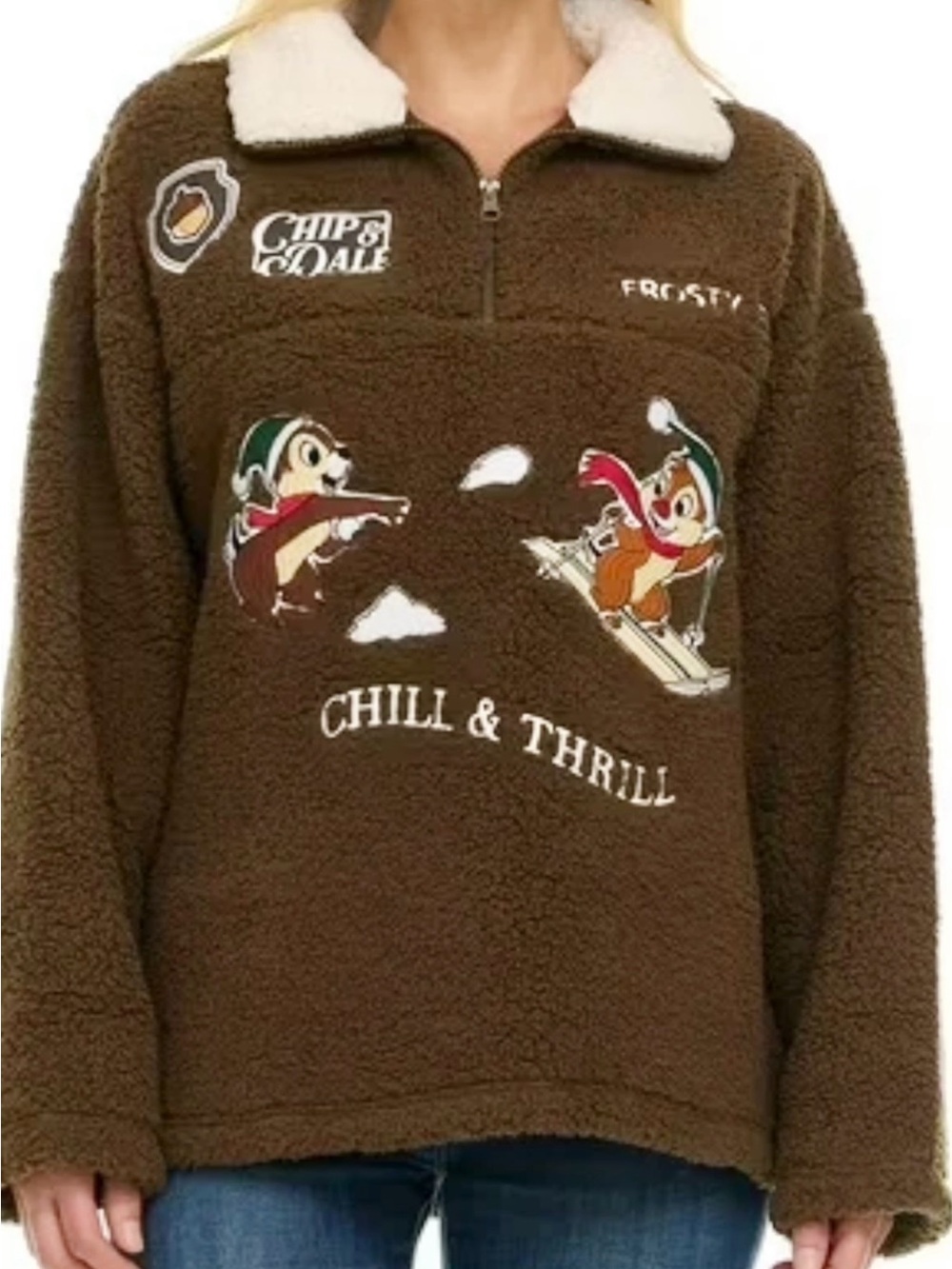 Disney Brown Sherpa Pullover with Chip & Dale Ski Patch Art NWT 🤎🧡